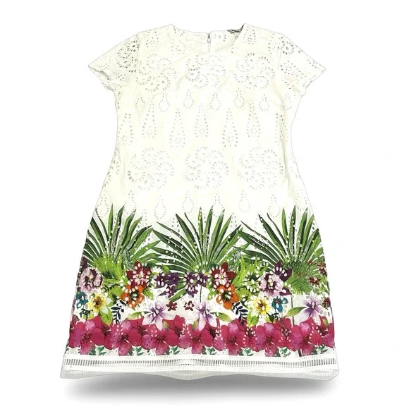 Desigual Shift Dress Size 12 EU 46 White Eyelet Denver Floral Design - Picture 2 of 8